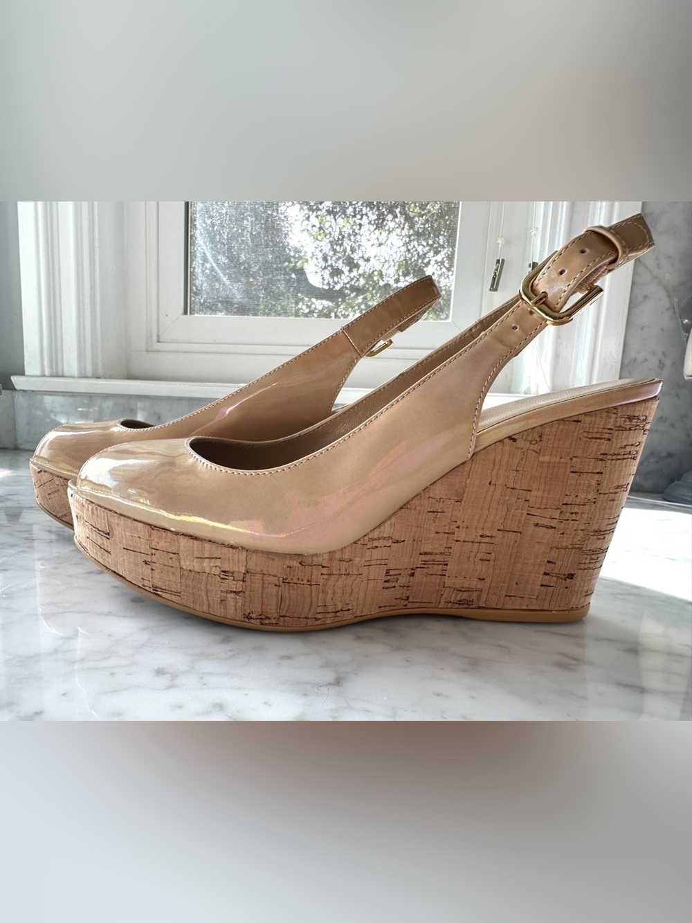 Stuart Weitzman Iridescent Nude Patent Slingback Wedges
